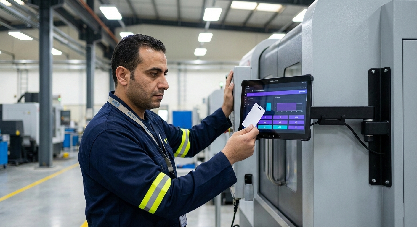عامل يستخدم تطبيق DotSCADA Operator على تابلت أمام الماكينة